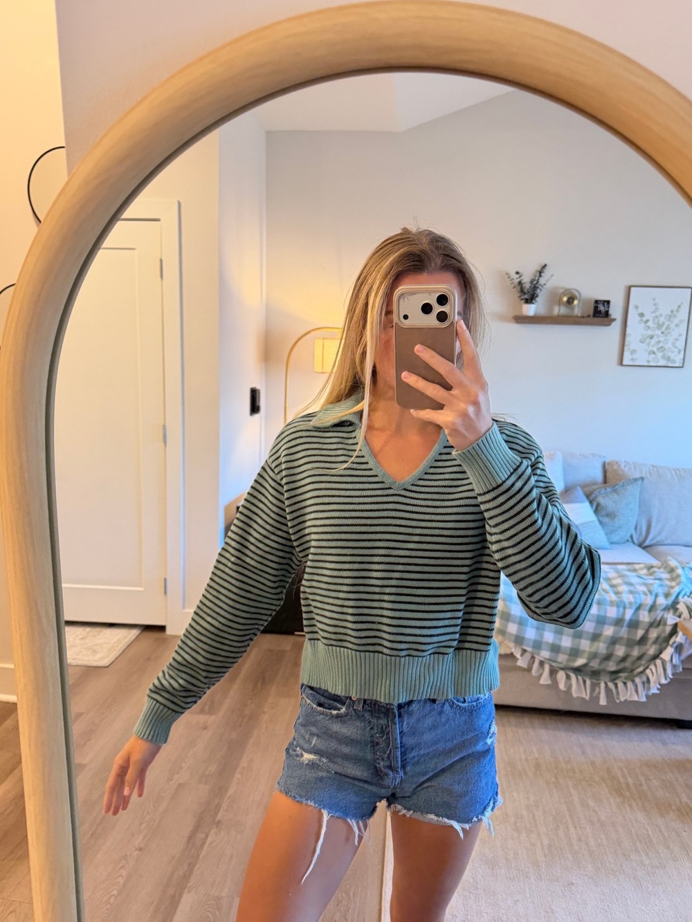 Universal Thread Green and Black Striped V-Neck Sweater